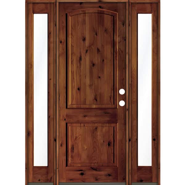 Krosswood Doors 70 in. x 96 in. Rustic Alder Arch Red Chestnut Stained Wood with V-Groove Left Hand Single Prehung Front Door