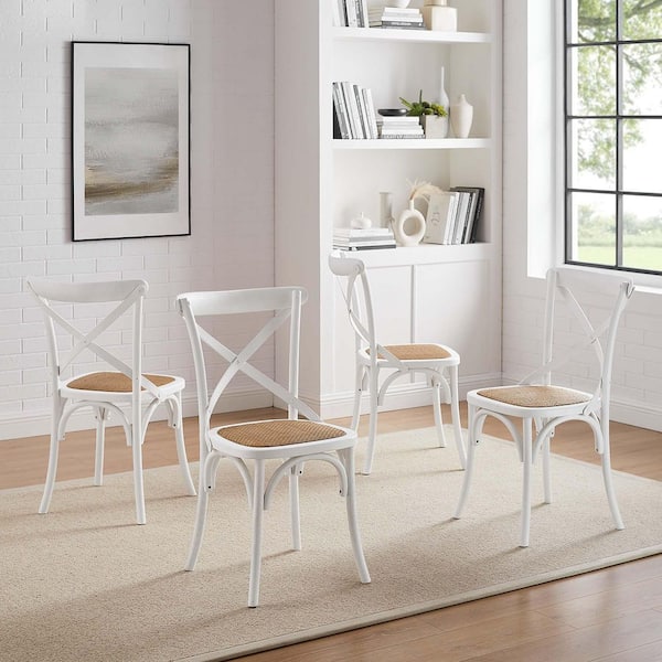 MODWAY Gear Rustic Modern Farmhouse Elm Wood Rattan Four Dining Chairs in White