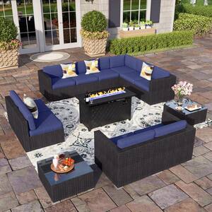 Dark Brown Rattan Wicker 10 Seat 13-Piece Steel Outdoor Fire Pit Patio Set with Blue Cushions and Rectangular Fire Pit