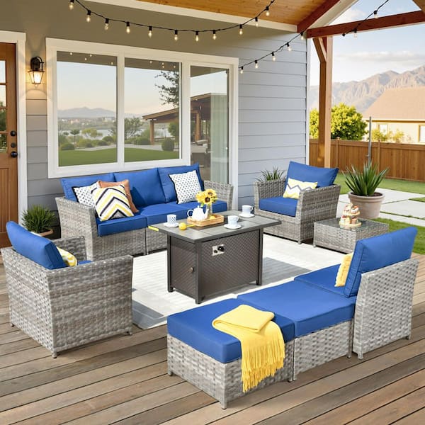 XIZZI SunnyBraid Gray 10-Piece Wicker Outerdoor Patio Rectangular Fire Pit Set with Navy Blue Cushions