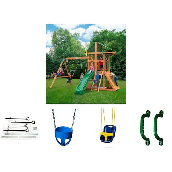 Outing III Wooden Playground Set with Vinyl Roof, Anchor-It Kit, Blue Full-Bucket Swing, Infant Swing, Safety Handles