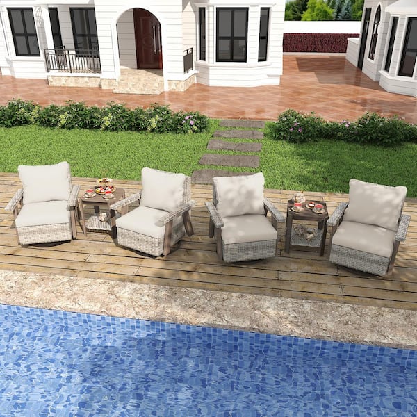 INMITOM 6-Piece Wicker Patio Conversation Set with 360° Swivel Chairs and Beige Cushions, Includes 2 Side Tables