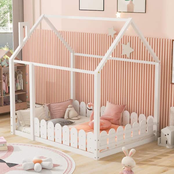 White Wood Frame Full Size Platform Bed with Fence