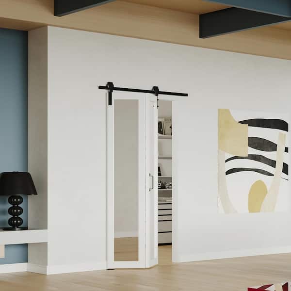 30 in. x 84 in. 1-Lite Mirrored Glass Bi-Fold White MDF Solid Core Sliding Barn Door with Hardware Kits Pre-drilled