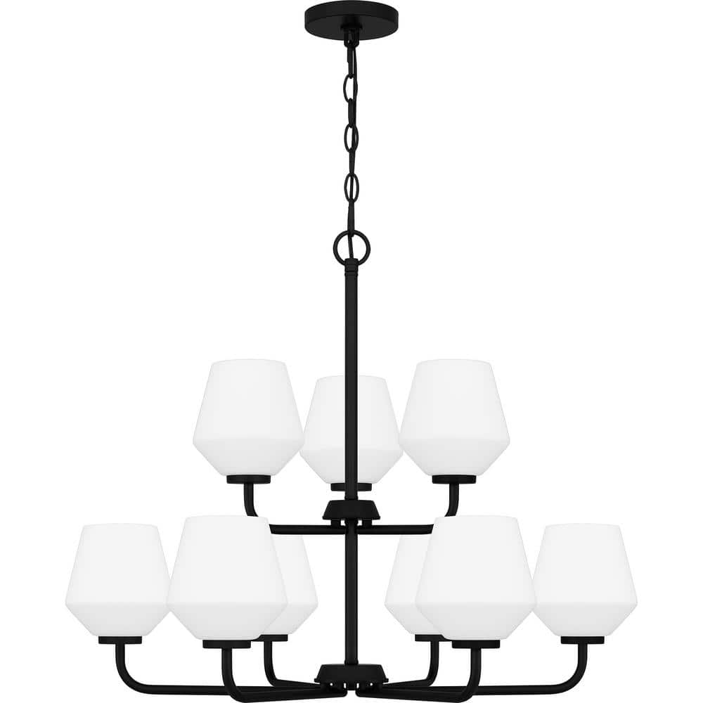 Matte Black 9-Light Chandelier with Opal Glass Shades