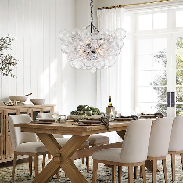 8-Light Black Bubble Globe Cluster Chandelier Ribbed Glass Hanging Pendant Light Fixture Swirled Glass Ceiling Light