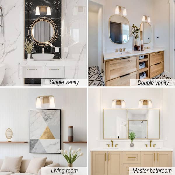 2-Light 13.8 in. Mid-Century Gold Powder Room Vanity Light with Frosted Glass Shades, Modern Transitional Wall Sconce