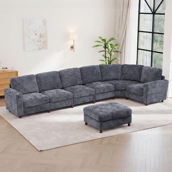 Dean Modern 159 in. 7-Piece Chenille Curved Modular Sectional Sofa in Dark Gray with Storage Ottoman, Cup Holders