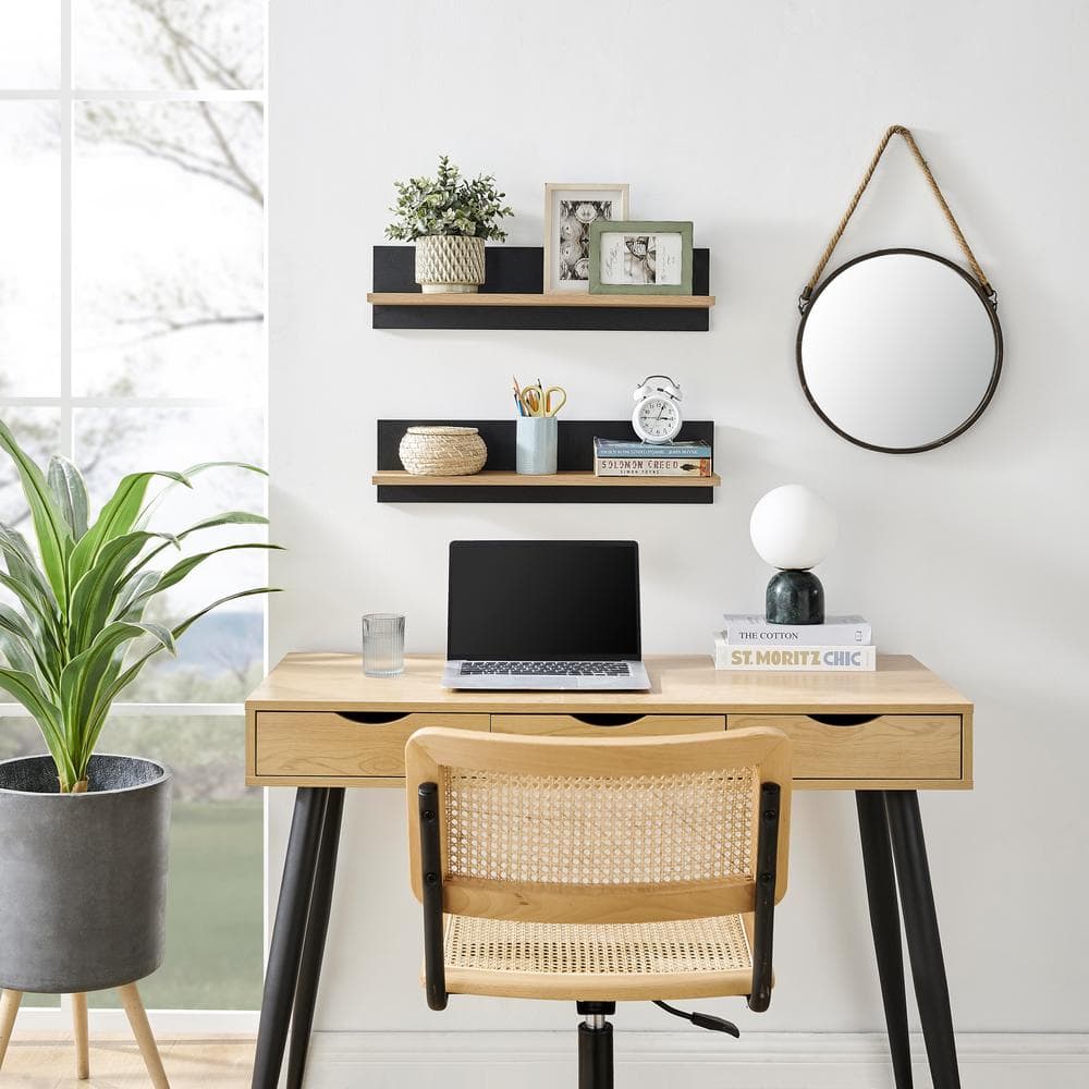 Chestnut and Black Wood Floating Wall Shelves Set of 2