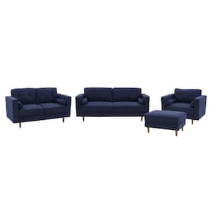 Mulberry 78 in. Upholstered Modern Square Arm Rectangular 3-Seat Sofa, 2-Seat Loveseat and Accent Chair Set in Navy Blue