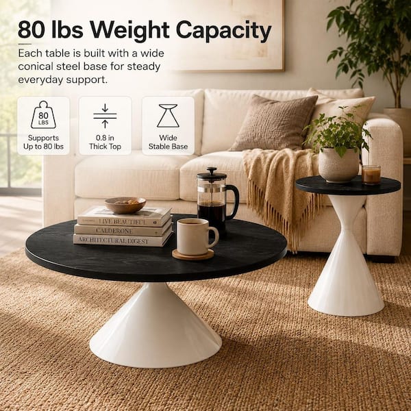 27 in. Black and White Round MDF Coffee Table Set with Steel Base (2-Pieces)