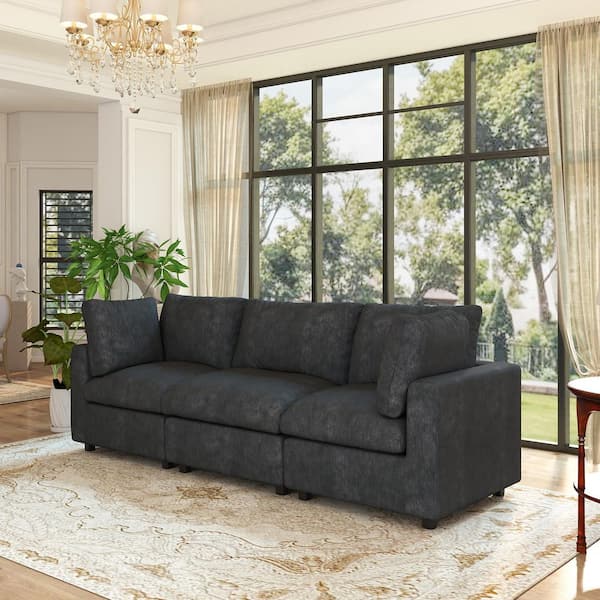 J&E Home 100.5 in. Square Arm 3-piece Chenille Apartment Sectional Sofa Couch with Removable Covers in. Black