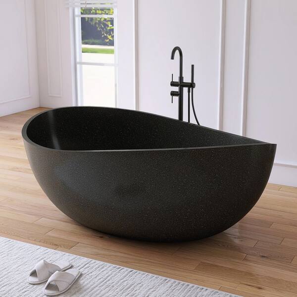 65 in. x 39 in. Wave Stone Terrazzo Stone Solid Surface Flatbottom Freestanding Soaking Bathtub in Black