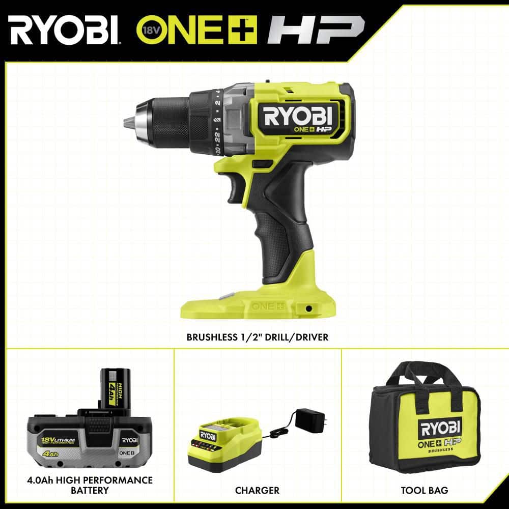 RYOBI ONE+ HP 18V Brushless Cordless 1/2 in. Drill/Driver Kit with 4.0 Ah Battery, Charger, and Bag PBLDD02K1