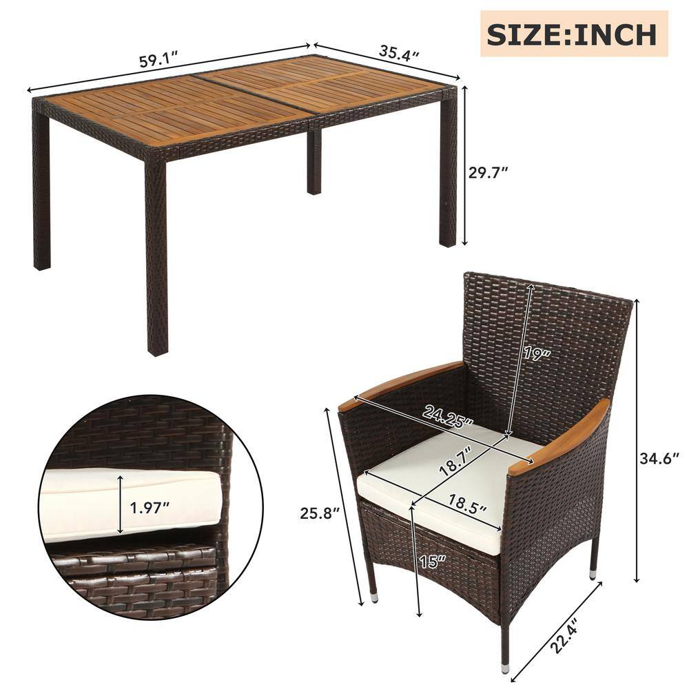 Brown 7-Piece Wicker Patio Dining Set with Beige Cushions and Acacia Wood Table