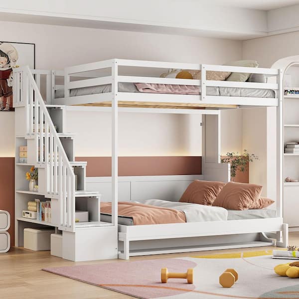 White Wood Frame Full Over Full Size Murphy Bed with Hydraulic Lift and Desk Design