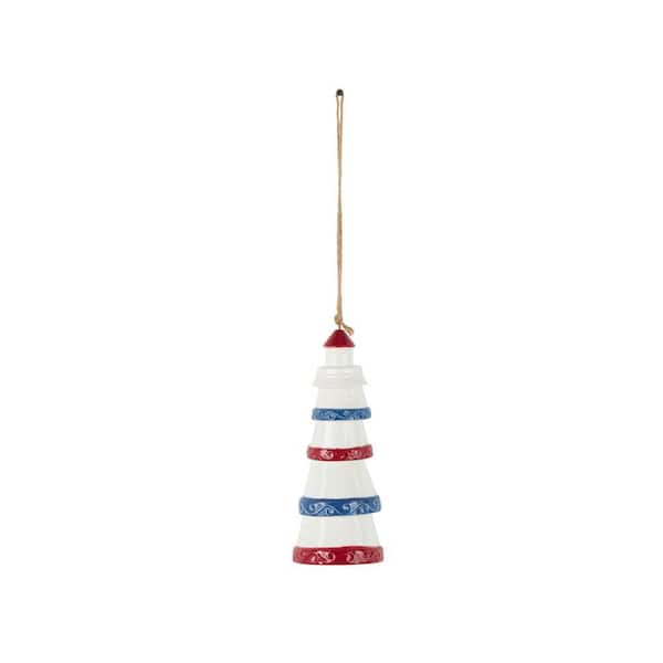 21 in. White Ceramic Light House Windchime with Brown Rope and Blue and Red Accents