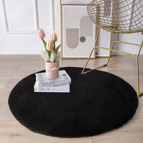 Mmlior Black 3 ft. x 3 ft. Soft Faux Rabbit Fur Round Area Rug