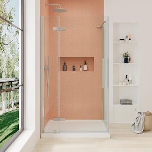 Tampa 38 in. L x 32 in. W x 75 in. H Corner Shower Kit with Pivot Frameless Shower Door in Satin Nickel and Shower Pan