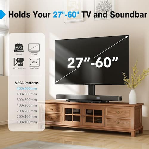 Table Top TV Stand Height Adjustable 27-60 in. LCD LED Tempered Glass Base Wire Management Black 1 Pack Home