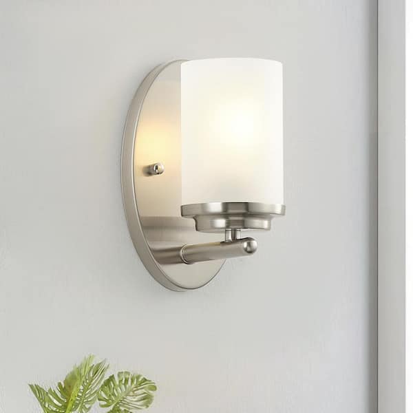 Modern 4.33 in. 1-Light Brushed Nickel Wall Sconce Contemporary Wall Light Fixture with Frosted Glass Shade