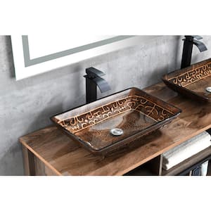 Golden Glass Rectangle Vessel Bathroom Sink in Brown and Gold Fusion Finish with Faucet and Pop-Up Drain in Matte Black