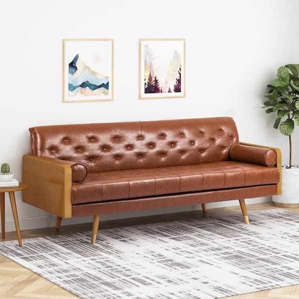 Noble House Barnard 72.25 in. Cognac Brown Solid Faux Leather 3-Seat Lawson Sofa