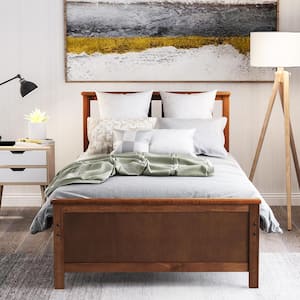 Walnut Twin Size Platform Bed Frame, Wooden Platform Bed with Headboard, Twin Platform Bed with Wood Slat Support