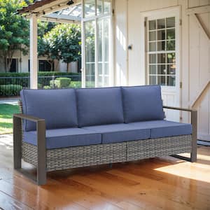 Rectangular Framed Armrest 3-Seat Gray Wicker Outdoor PatioSofa Couch with Deep Seating and Blue Fade-Resistant Cushions