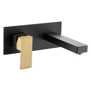 Left-Handed Single Handle Wall Mounted Bathroom Faucet with Rough-in Valve in Black and Gold