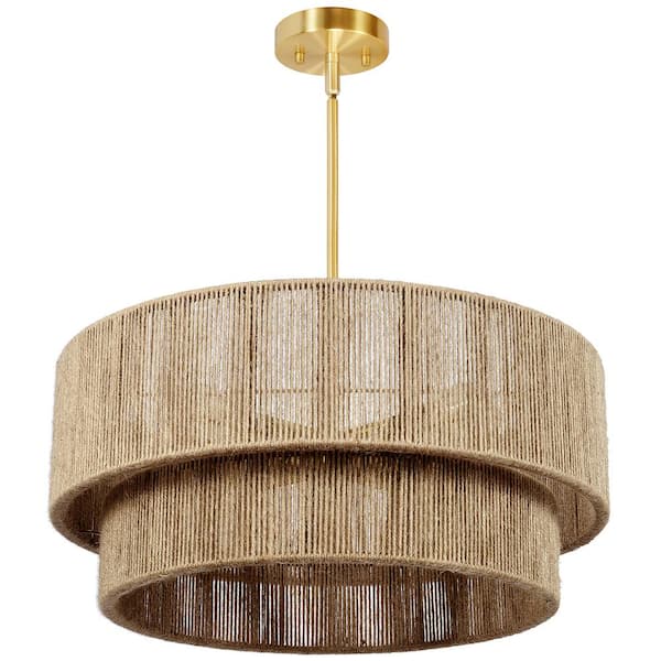 Glisten 21 in. 4-Light Bohemian Rattan Chandelier, Adjustable Brass Pendant with Jute Hand Woven Coastal Shade
