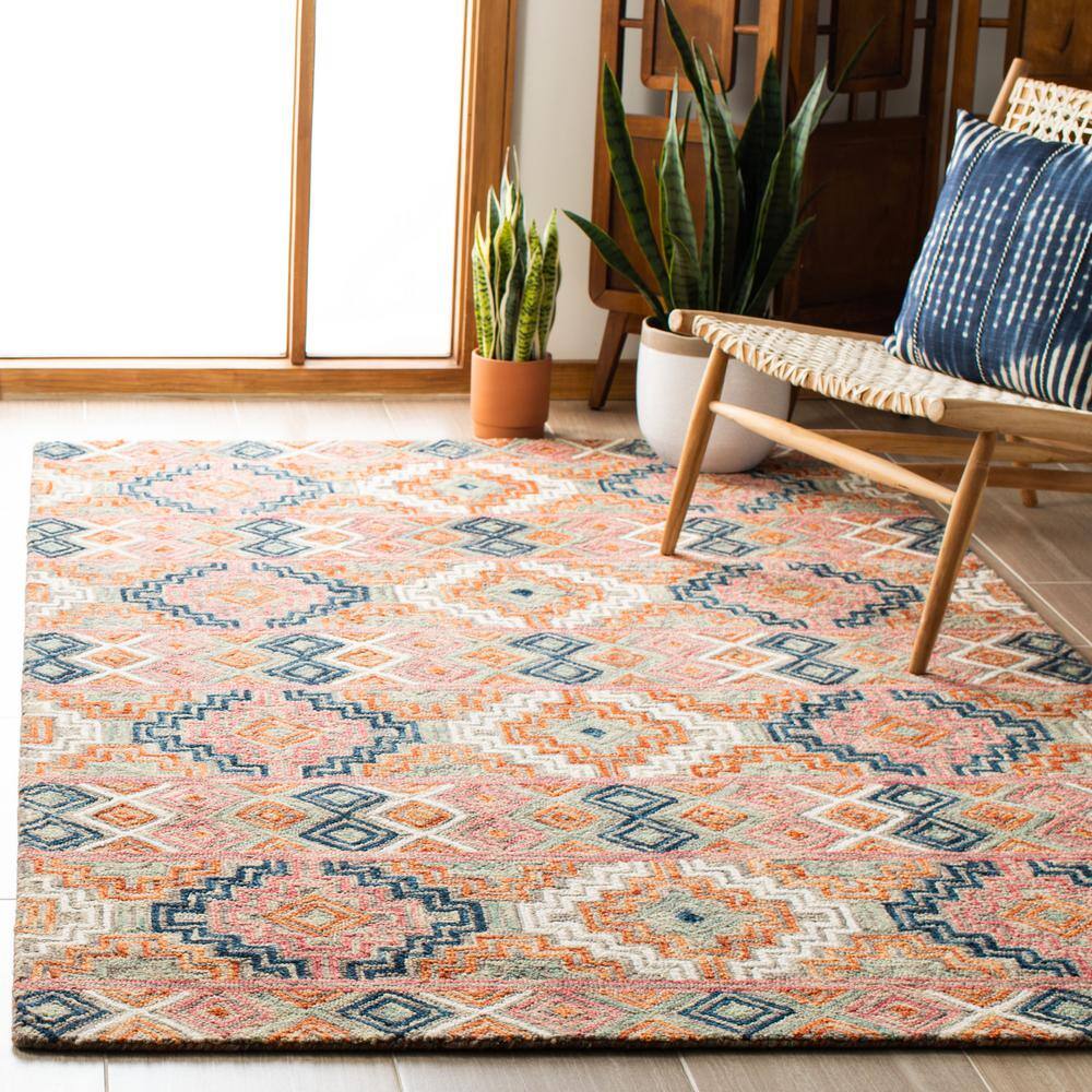 Handmade Blue and Orange Geometric Wool Area Rug
