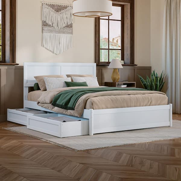 Lylah White Solid Wood Frame Full Platform Bed with Panel Footboard and Storage Drawers