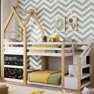 White Playhouse Style Twin Over Twin Bunk Bed, House Bed with White Storage Staircase and 2 Blackboards