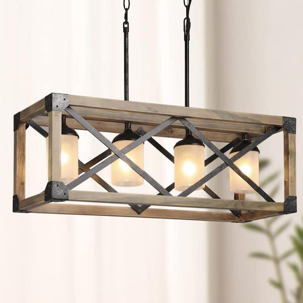 LNC Farmhouse Dining Room Chandelier 4-Light Brown Wood Kitchen Island Pendant with White Frosted Glass Raw Iron Accents