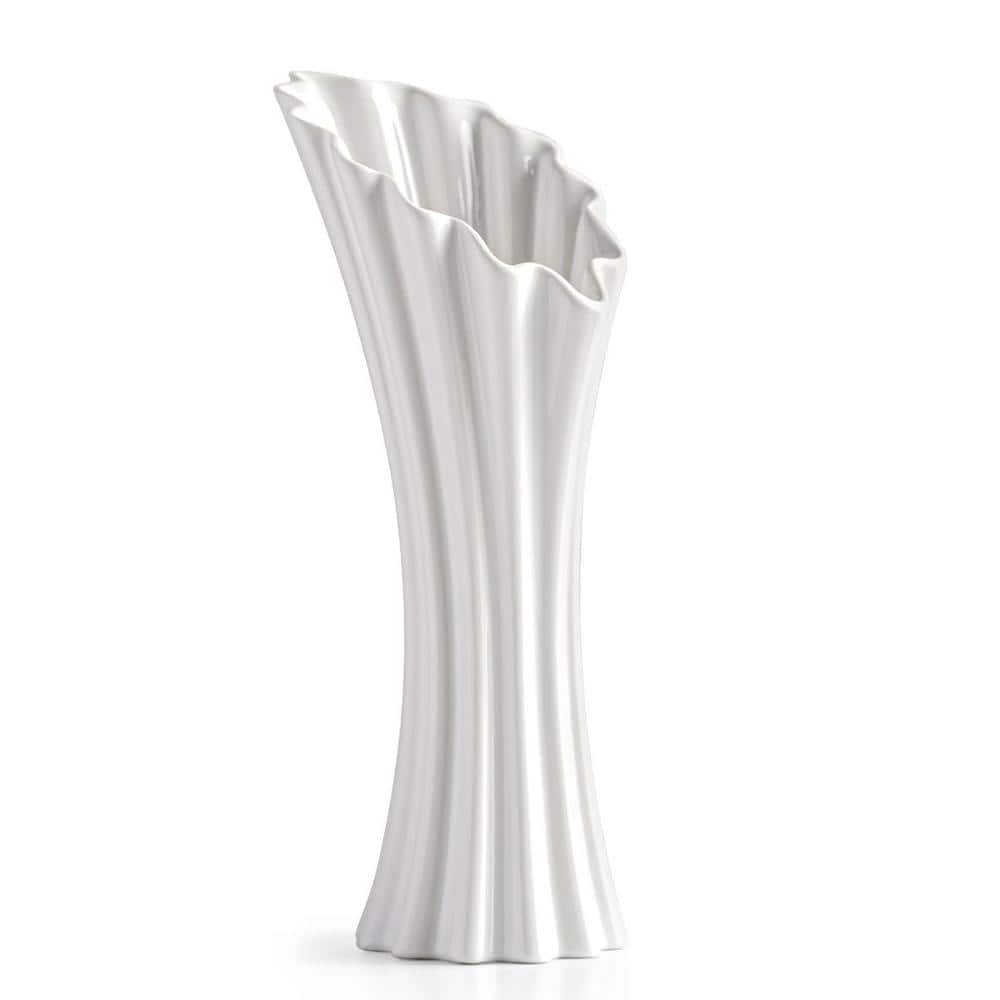 Modern White Ceramic Flower Vases for Home Decor 8.5 in., Trumpet Art Wrink