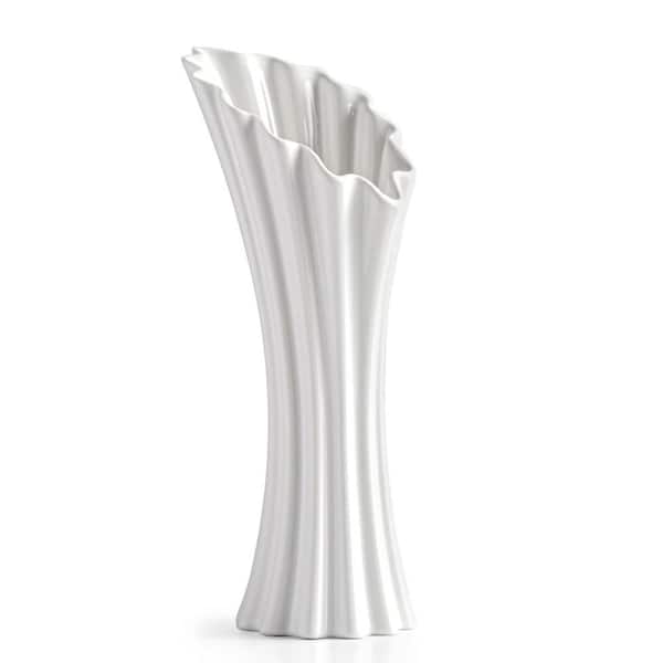 Unbranded Modern White Ceramic Flower Vases for Home Decor 8.5 in., Trumpet Art Wrinkles Vase for Living Room Bedroom Kitchen