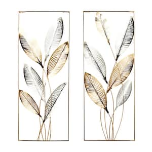 Metal Gold Metallic Cutout Leaf Wall Decor with Silver Accents (Set of 2)