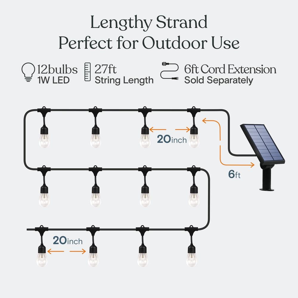 27 Ft Warm White Solar Powered Outdoor LED String Lights