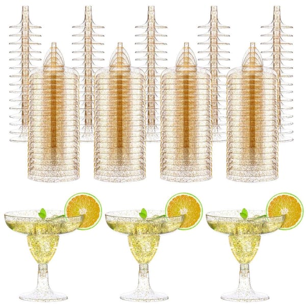 5 oz Gold and Pink Glitter Disposable Plastic Stemmed Coupe Cup for Wedding and Bridal Party (100-Pack)