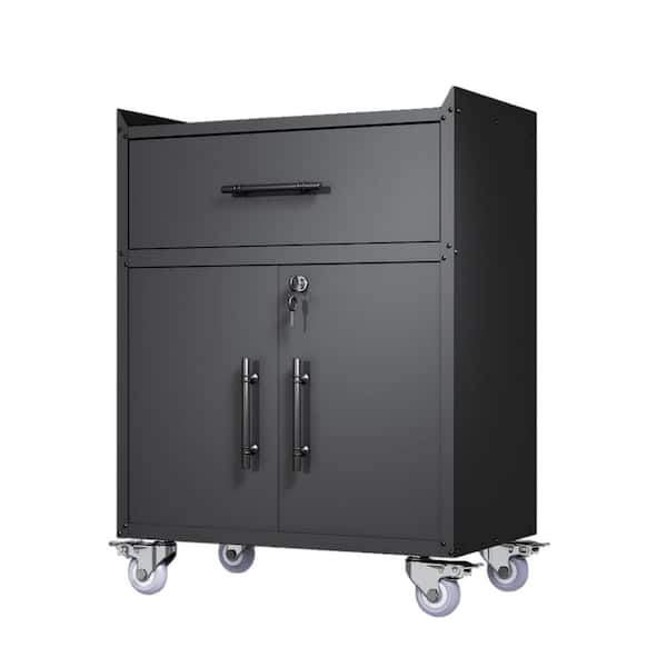 2 Door + 1 Drawer Lockable Garage Freestanding Storage Rack, Metal Storage Cabinet with Wheels, Rolling Tool Chest