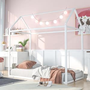 White Twin Size Metal House Bed for Kids, Metal Platform Bed Floor Canopy Bed with Four Posters, No Box Spring Needed
