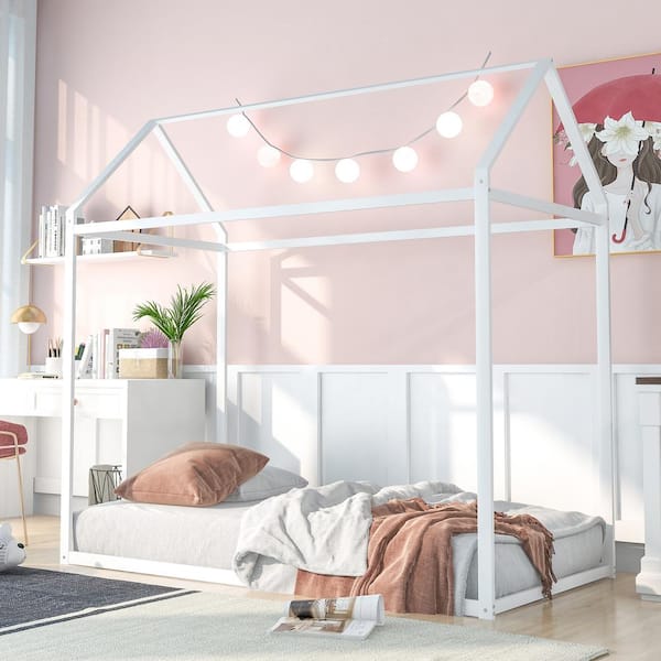 ANBAZAR White Twin Size Metal House Bed for Kids, Metal Platform