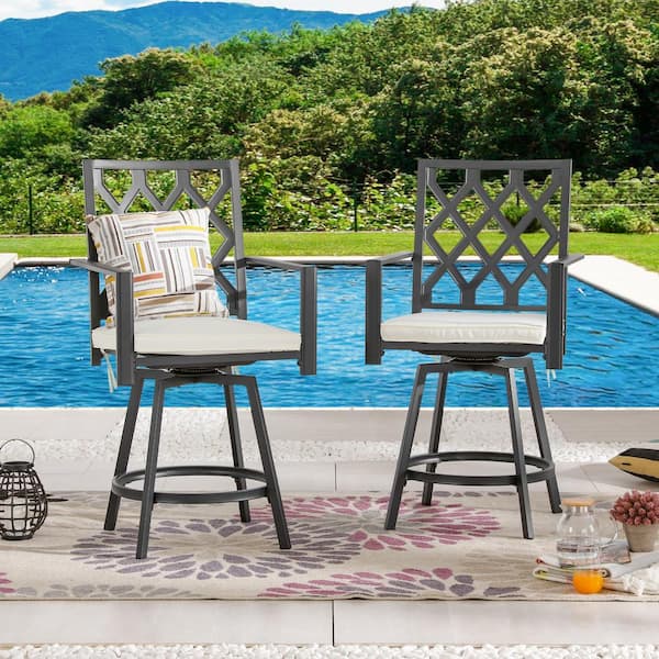 TOP HOME SPACE Metal Outdoor Swivel Bar Stools with Beige Cushions (2-Pack)