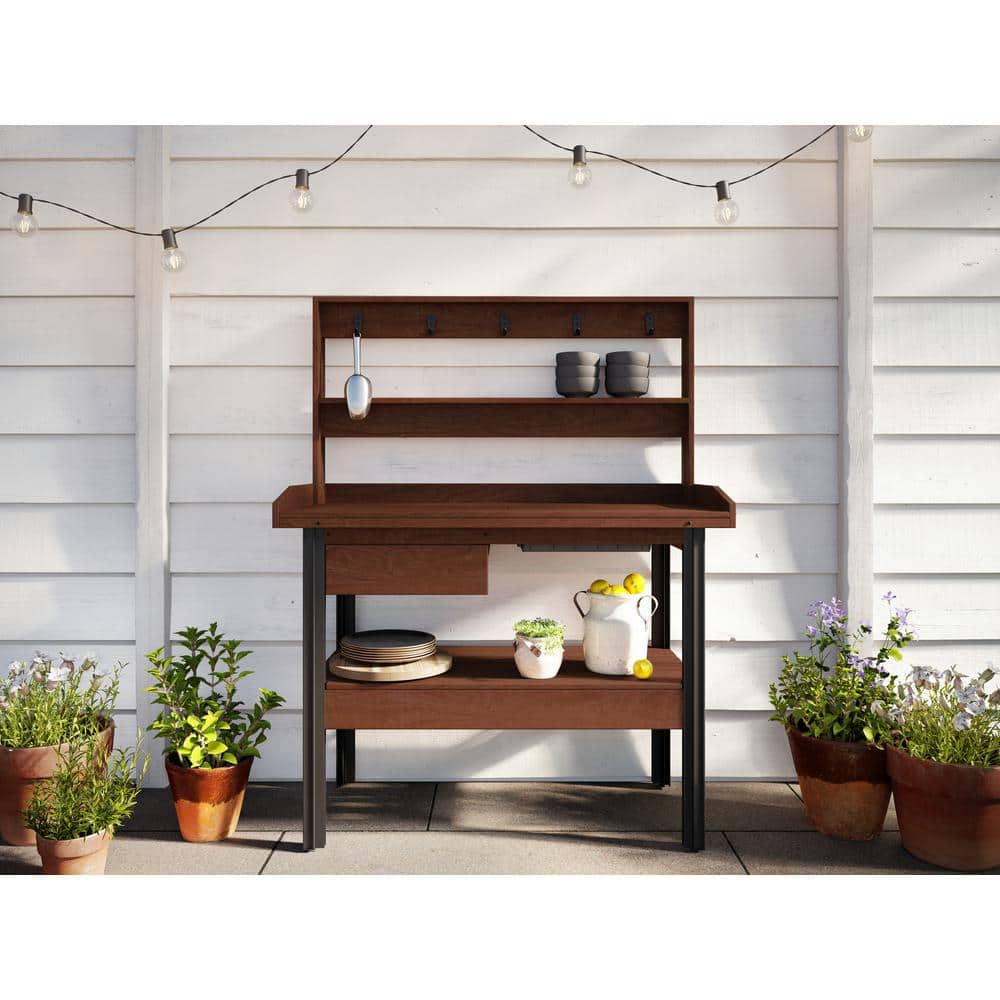 Vita 46" Dark Brown Cedar Potting Bench with Hooks