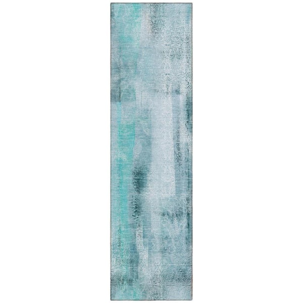 Teal 2 ft. x 8 ft. Woven Border Polyester Runner Indoor/Outdoor Area Rug