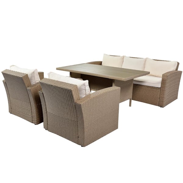 Unbranded 4-Piece Wicker Patio Conversation Sectional Set with CushionGuard Beige Cushions