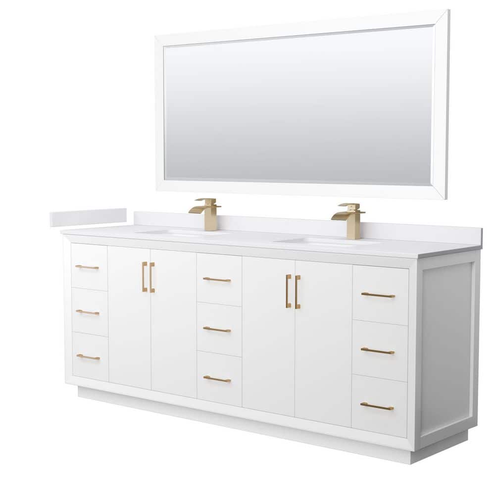 Wyndham Collection Strada 84 in. W x 22 in. D x 35 in. H Double Bath Vanity in White with White Cultured Marble Top and 70 in. Mirror, White with Satin Bronze Trim -  840193345522
