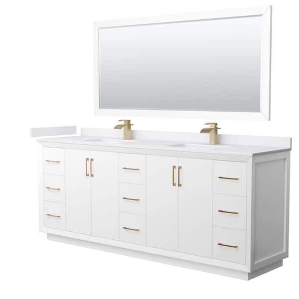 Wyndham Collection Strada 84 in. W x 22 in. D x 35 in. H Double Bath Vanity in White with White Cultured Marble Top and 70 in. Mirror
