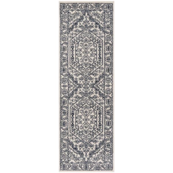 Adirondack Ivory/Navy 3 ft. x 10 ft. Border Medallion Runner Rug